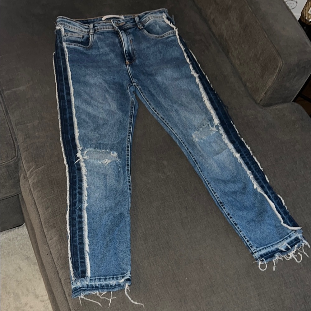 Zara Distressed Blue Denim Jeans with Dark Side Panels